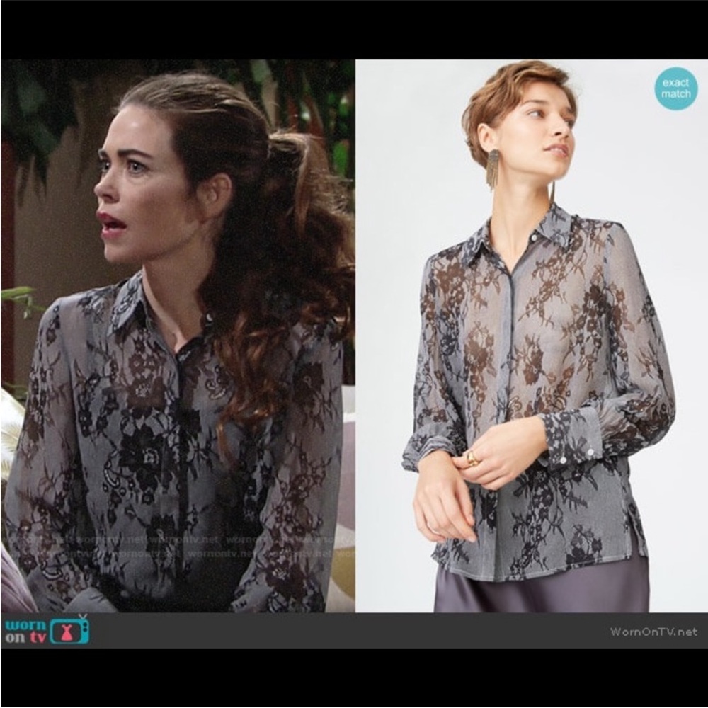 100% silk Club Monaco Sheer Lace print Blouse -